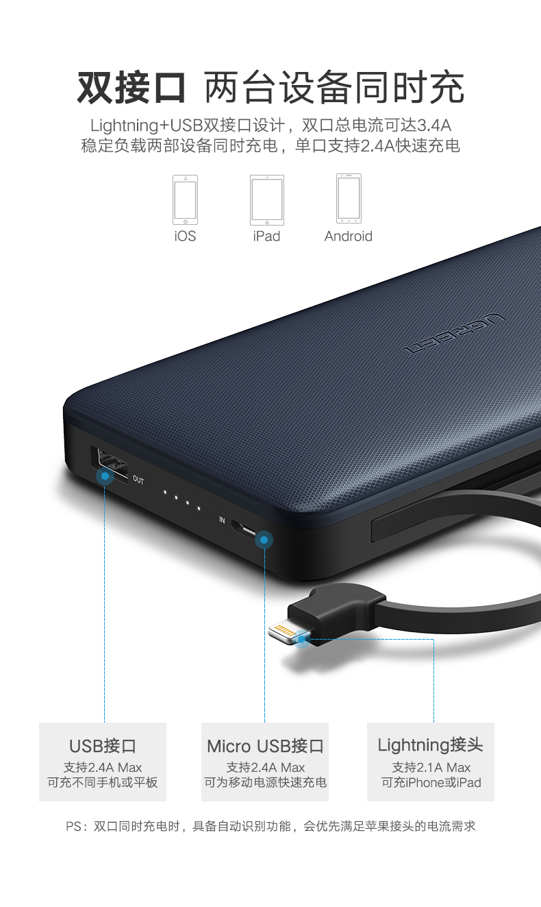 绿联苹果移动电源，20000毫安自带iphone8x数据线