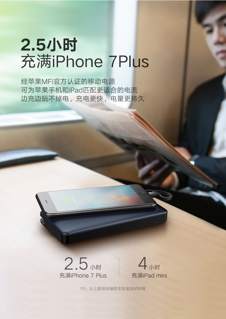 绿联苹果移动电源，20000毫安自带iphone8x数据线