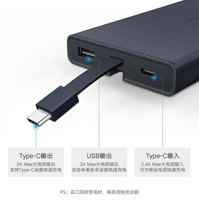 绿联双向快充移动电源，自带type-c数据线