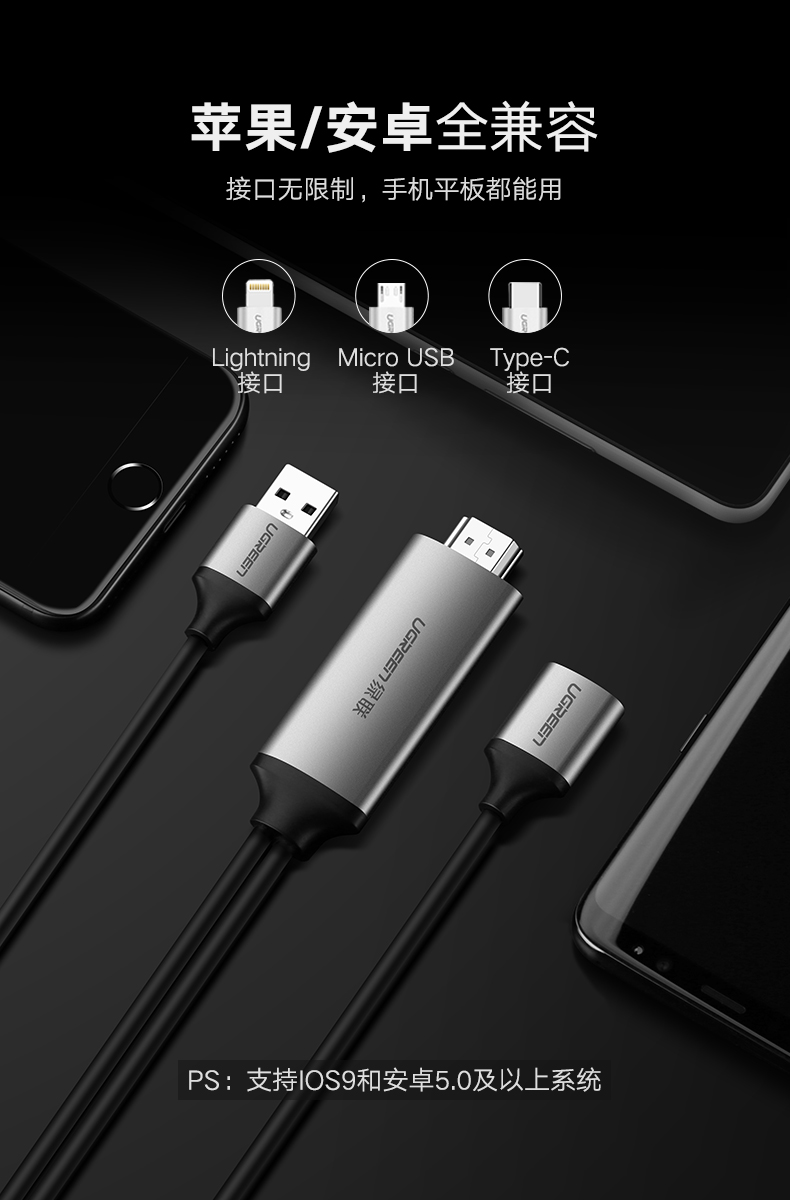 绿联手机投屏线，安卓/苹果全兼容手机电视视频转换器