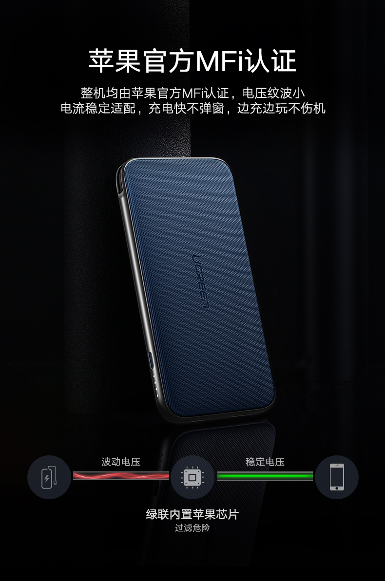 绿联5000毫安充电宝，苹果华为小米通用自带苹果线移动电源
