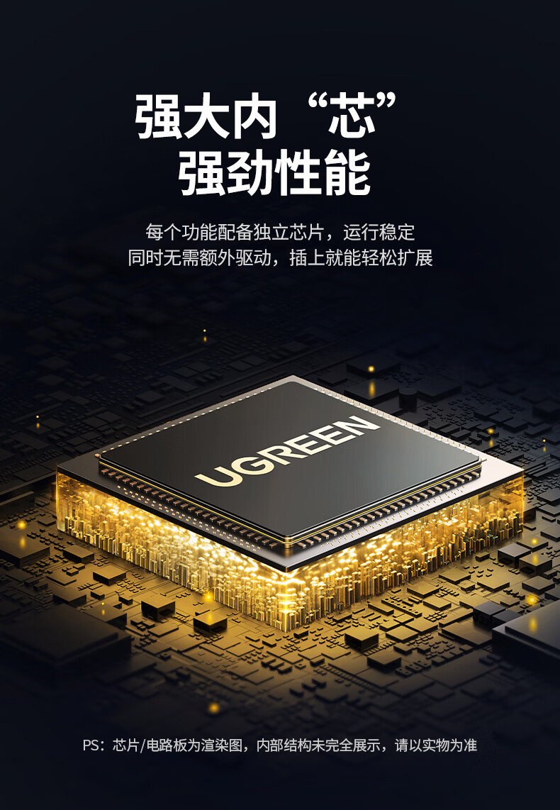 ugreen cm512扩展坞在桌面上的实物图，展示实际使用效果