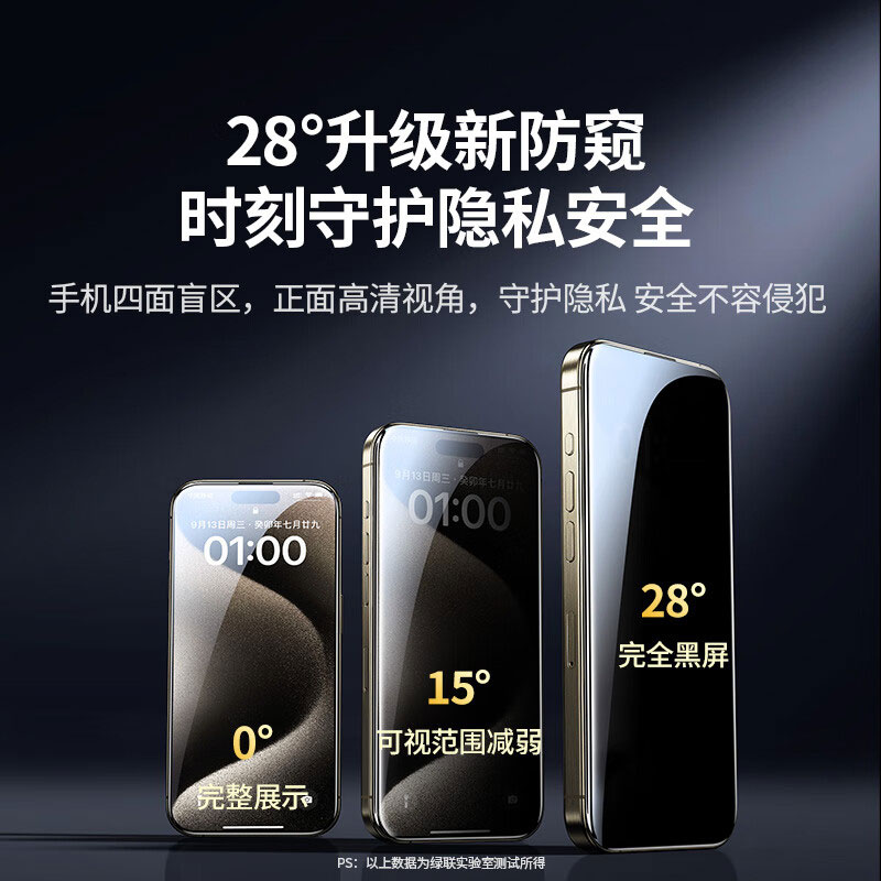 绿联iphone15系列防窥钢化膜 防摔防尘 抗指纹全屏保护膜