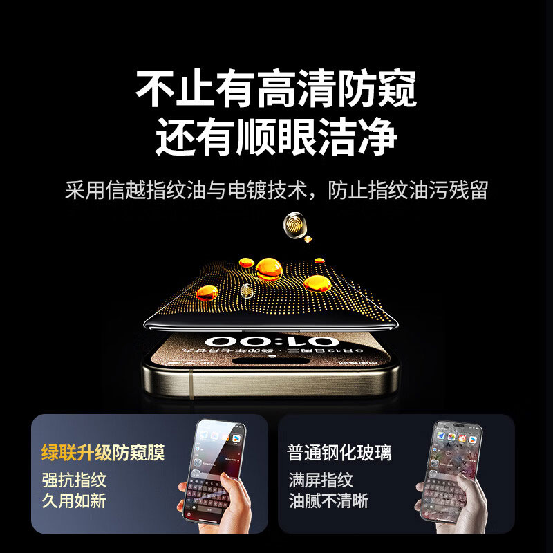 绿联iphone15系列防窥钢化膜 防摔防尘 抗指纹全屏保护膜
