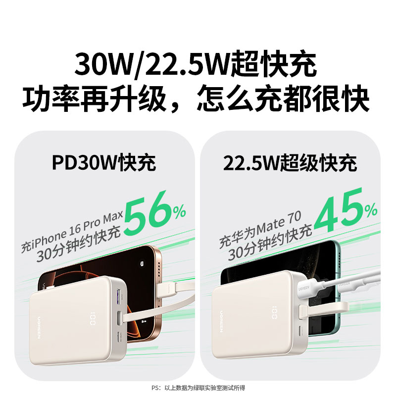 绿联自带线充电宝 20000mah电池30w快充