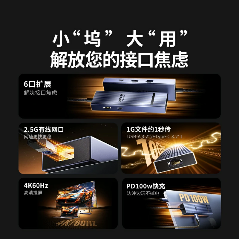 绿联type-c六合一多功能扩展坞 鳍纹款