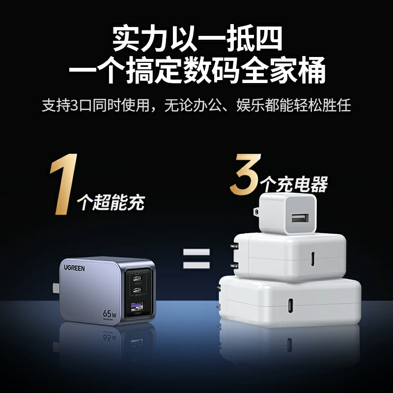 绿联nexode 闪充湃pro 65w三口氮化镓充电器套装