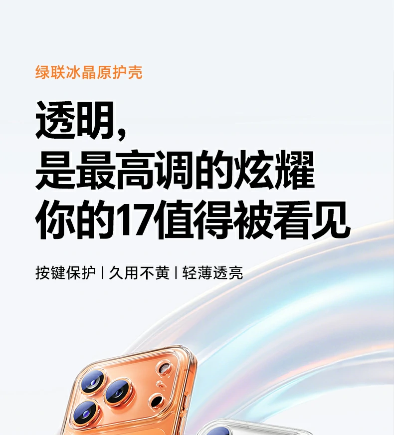 绿联iphone17原护壳 - 超透亮防摔,超薄裸感,c型圆润设计 绿联iphone17原护壳全景图,展示时尚彩盒包装与透明外观