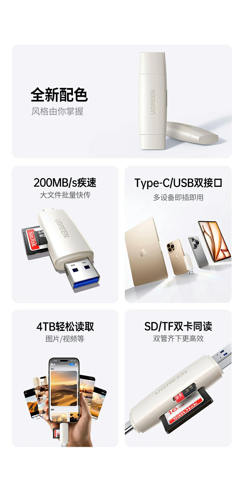 绿联cm304 sd卡槽高清特写，支持uhs-i高速卡