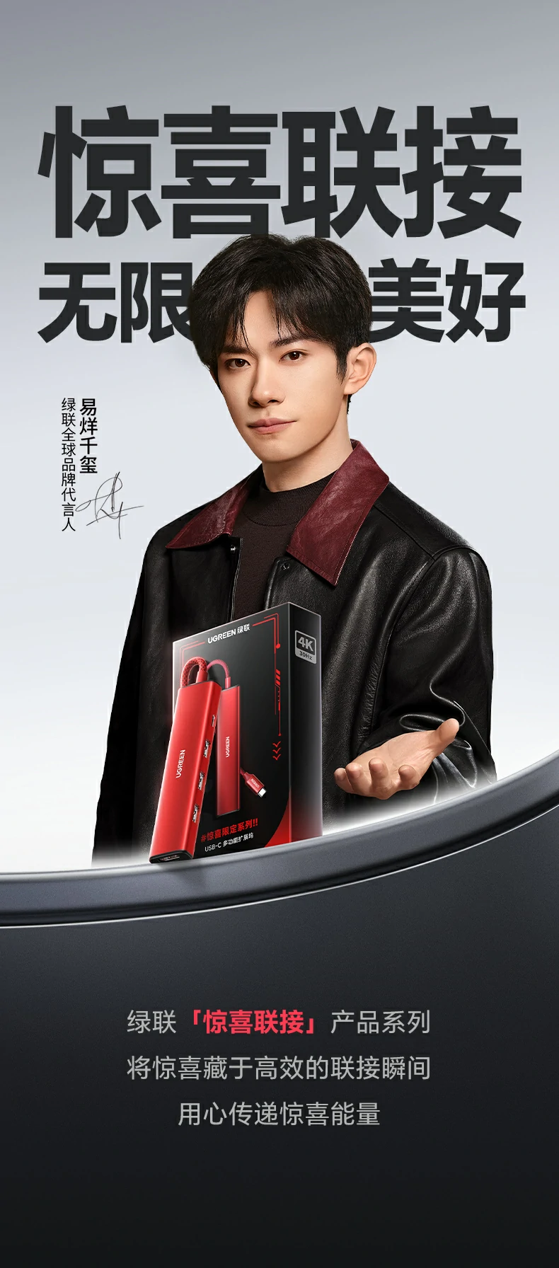 绿联cm478-75325 usb-c多功能扩展坞正面全景图，展示hdmi usb pd接口布局