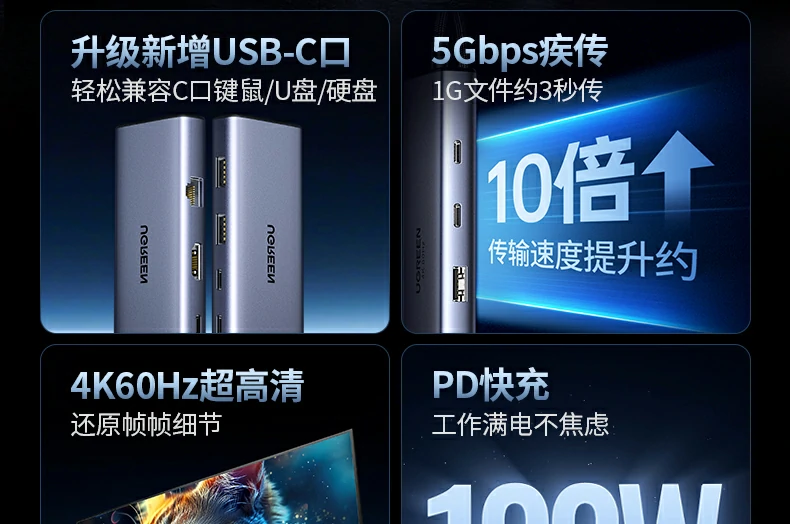 绿联cm498-15375 type-c扩展坞hdmi 4k60hz投屏示意