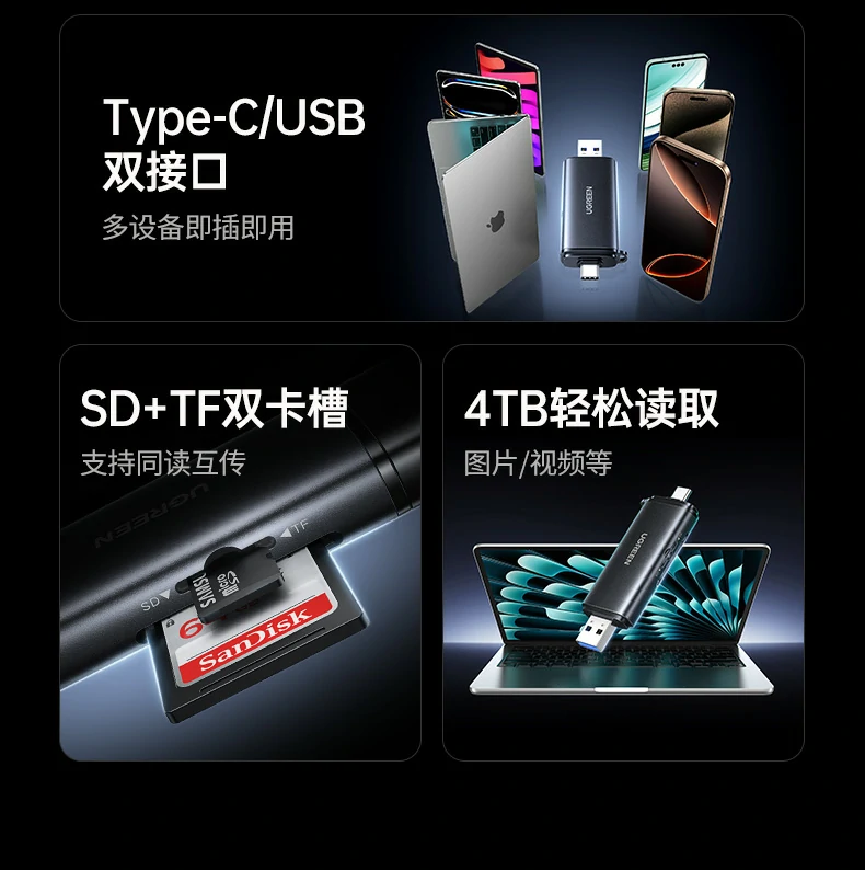 sd卡槽设计 - 支持uhs-i高速卡,稳定读取相机素材 绿联cm803读卡器sd卡槽高清特写,稳固插拔结构