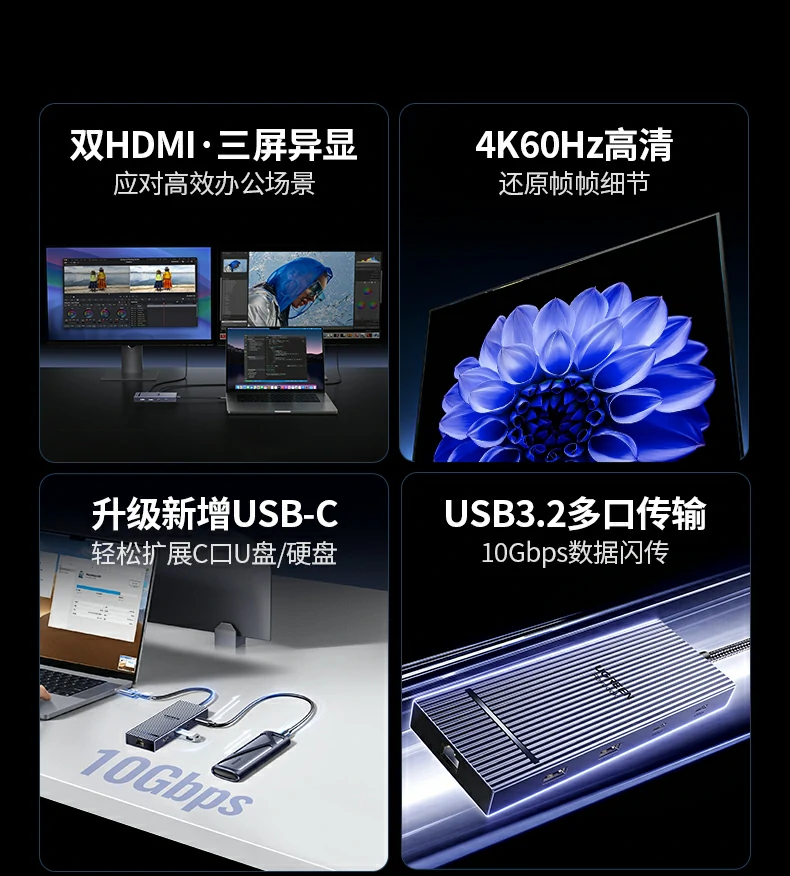 ugreen绿联-更专业更安心的数码品牌 绿联cm886扩展坞三屏异显效果展示,满足多任务办公需求