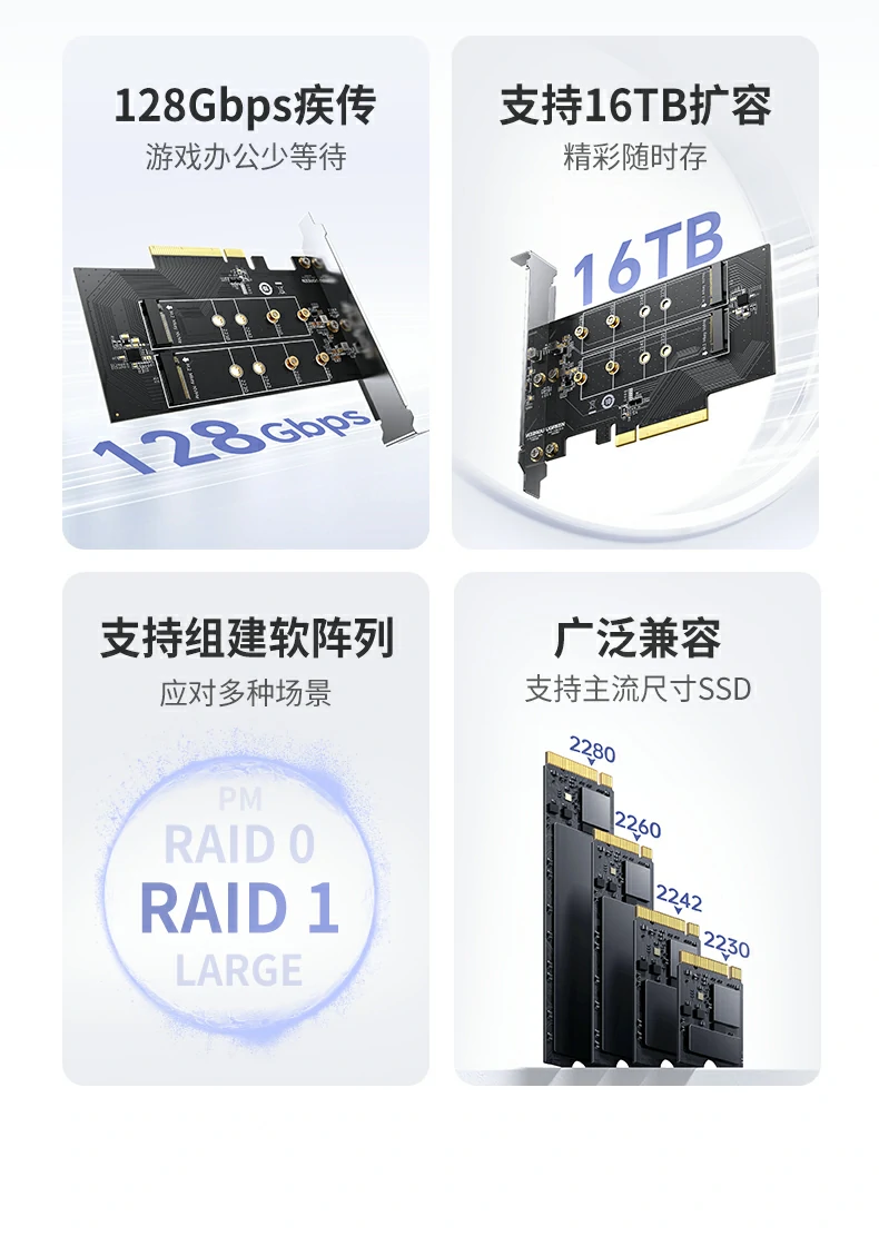 单盘传输速率高达64gbps释放ssd单盘满血性能 绿联75505双盘m.2 nvme扩展卡单盘64gbps速率标识