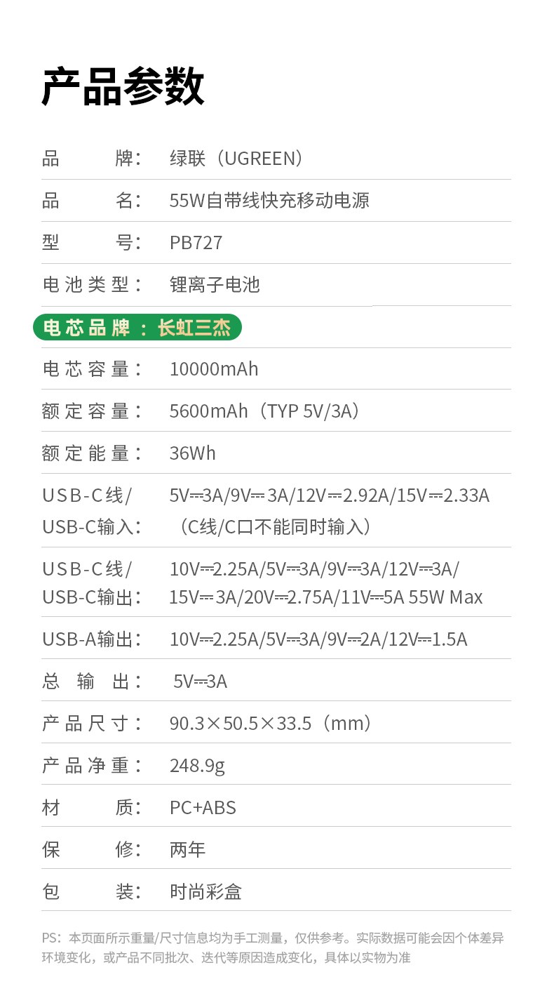 绿联pb727能量湃pro充电宝 55w快充自带线 全能移动电源
