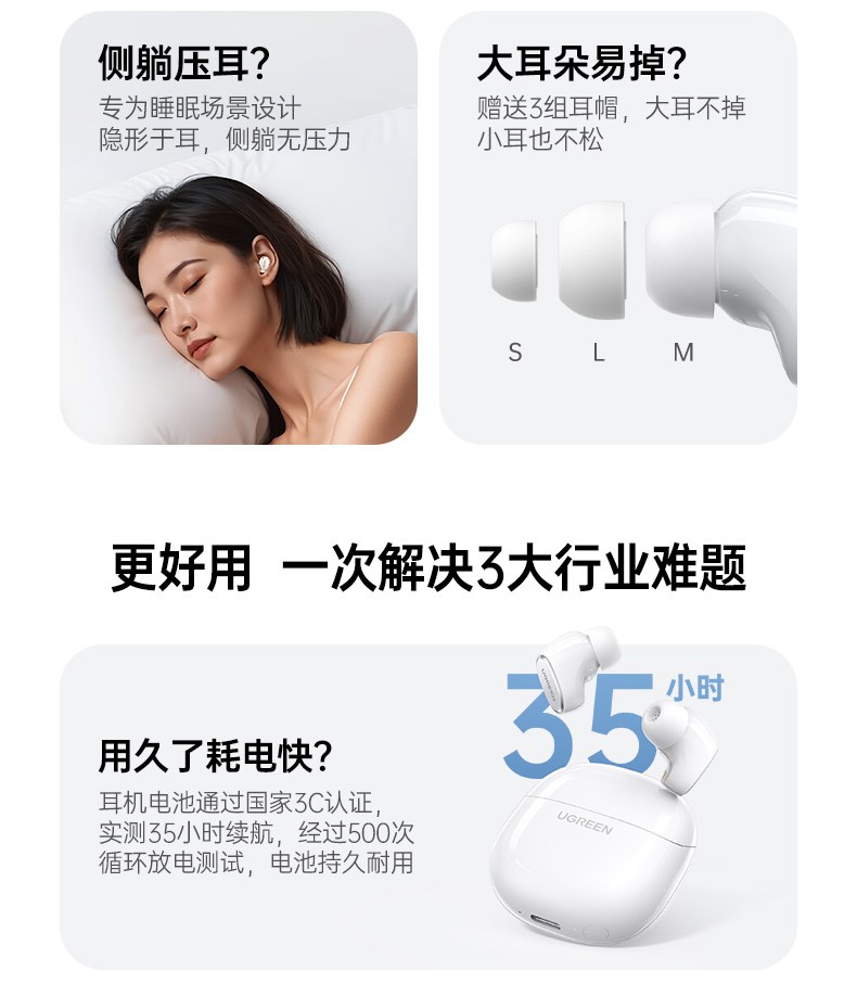 绿联睡眠耳机 侧睡舒适 翻身不易脱落