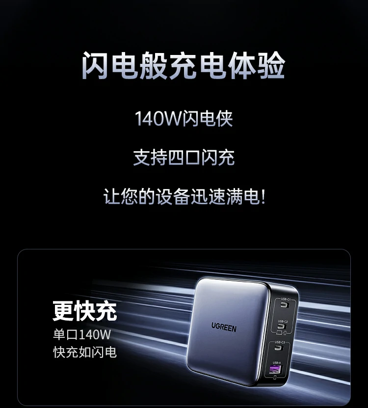 ugreen绿联-更专业更安心的数码品牌 绿联140w充电器兼容苹果、华为、小米等品牌设备快充
